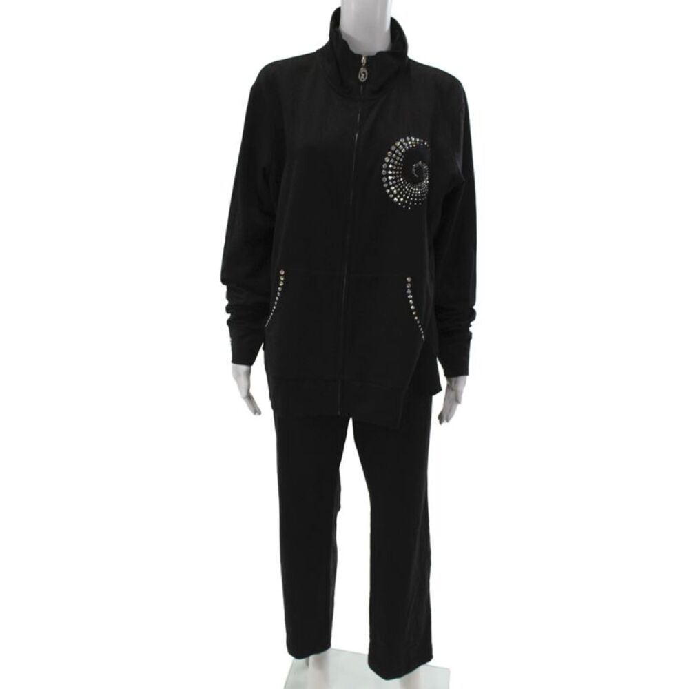 Christine Alexander Womens Sweatsuit Black Rhinestone Zip High Neck Size 1X